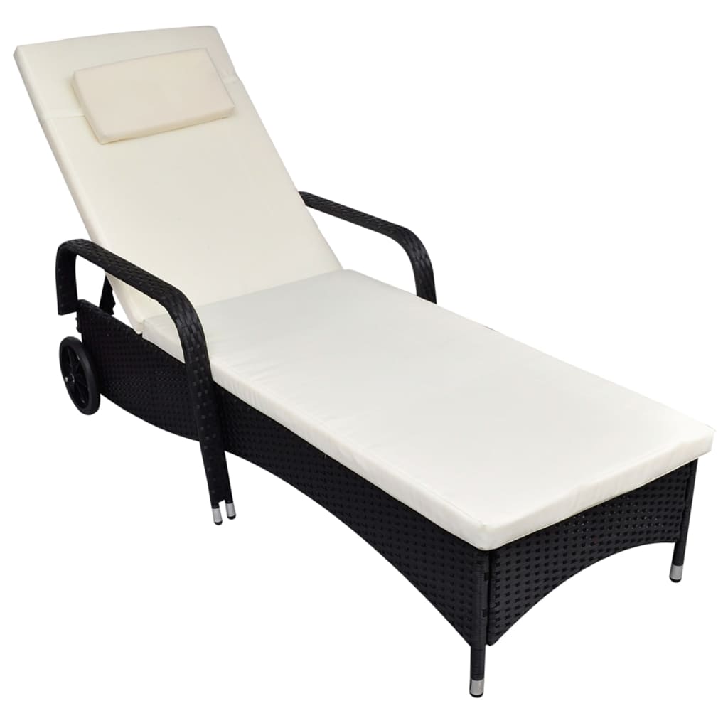 Sun Lounger With Cushion & Wheels Poly Rattan