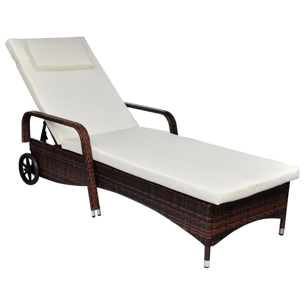 Sun Lounger With Cushion & Wheels Poly Rattan