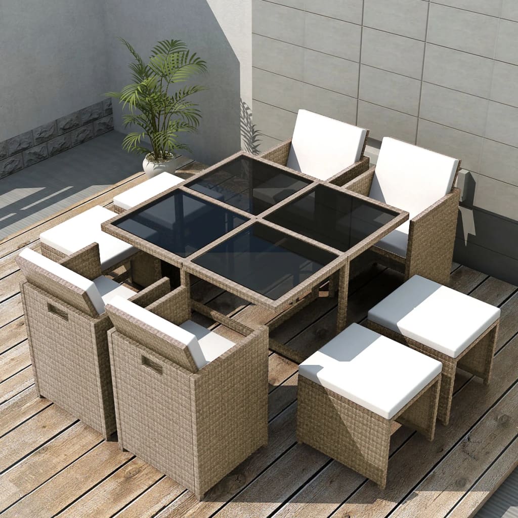 5 Piece Patio Dining Set With Cushions Poly Rattan Beige