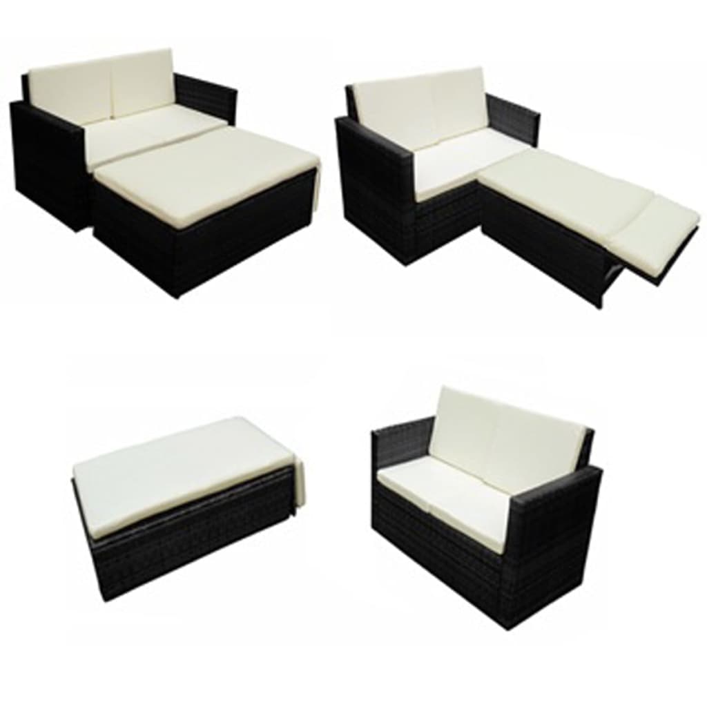 2 Piece Patio Lounge Set With Cushions Poly Rattan Black