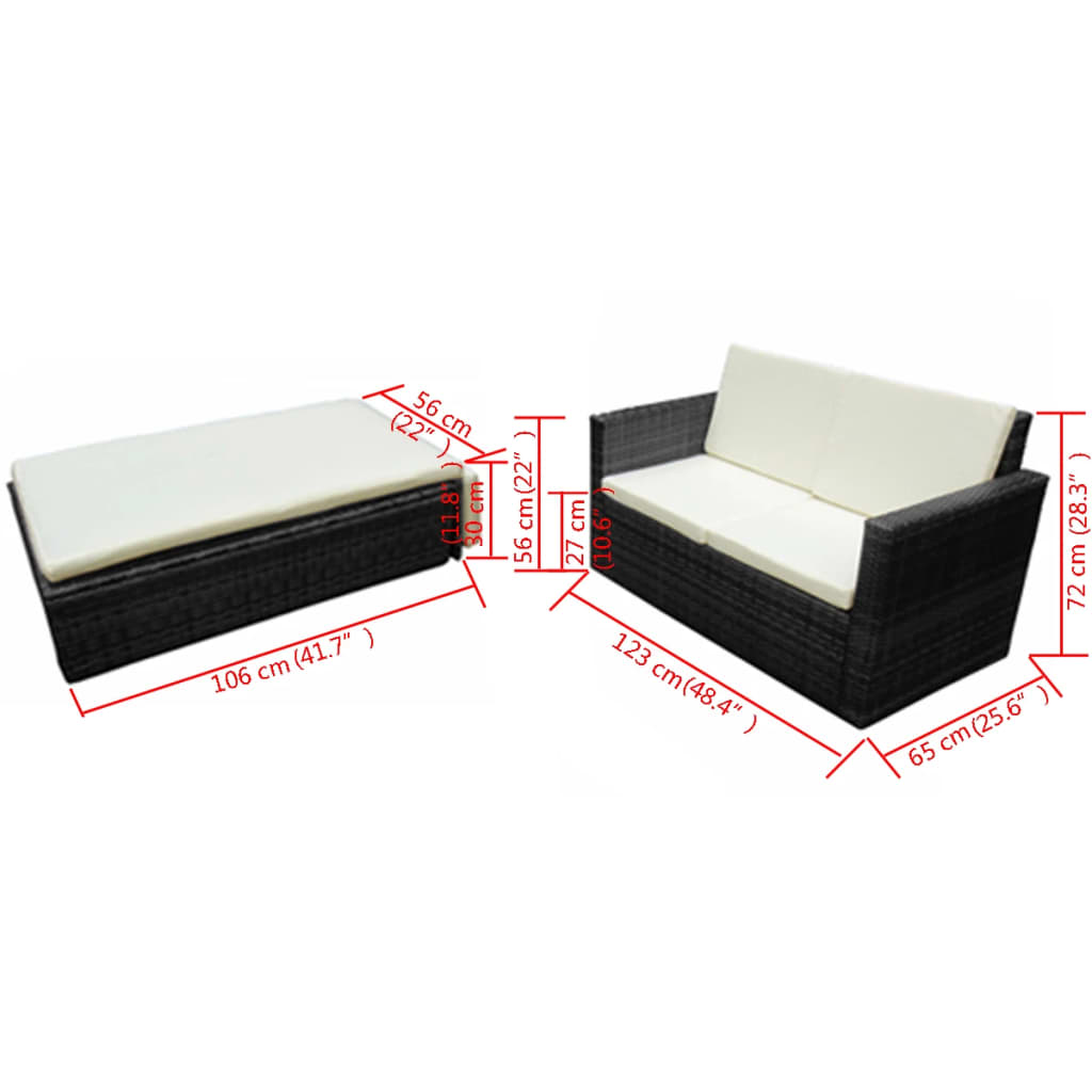 2 Piece Patio Lounge Set With Cushions Poly Rattan Black