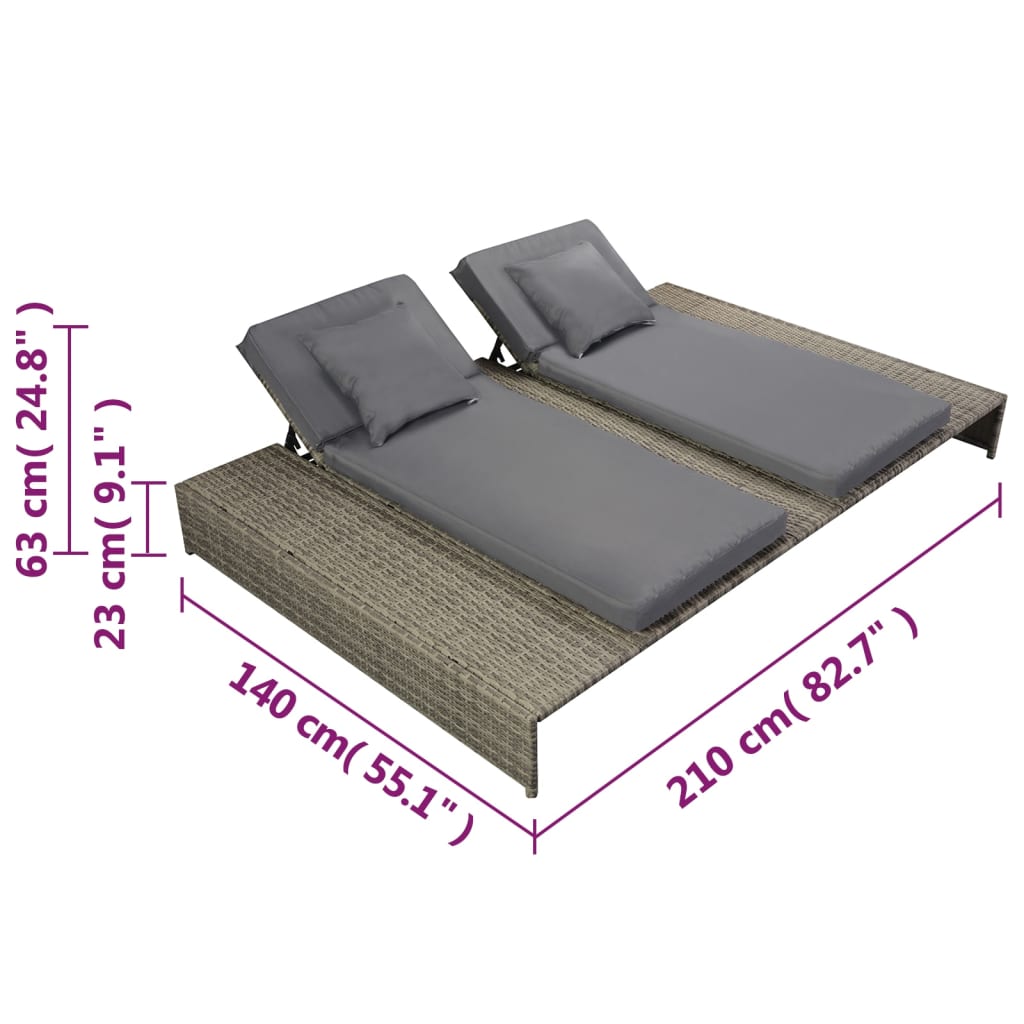 Double Sun Lounger With Cushion Poly Rattan Gray