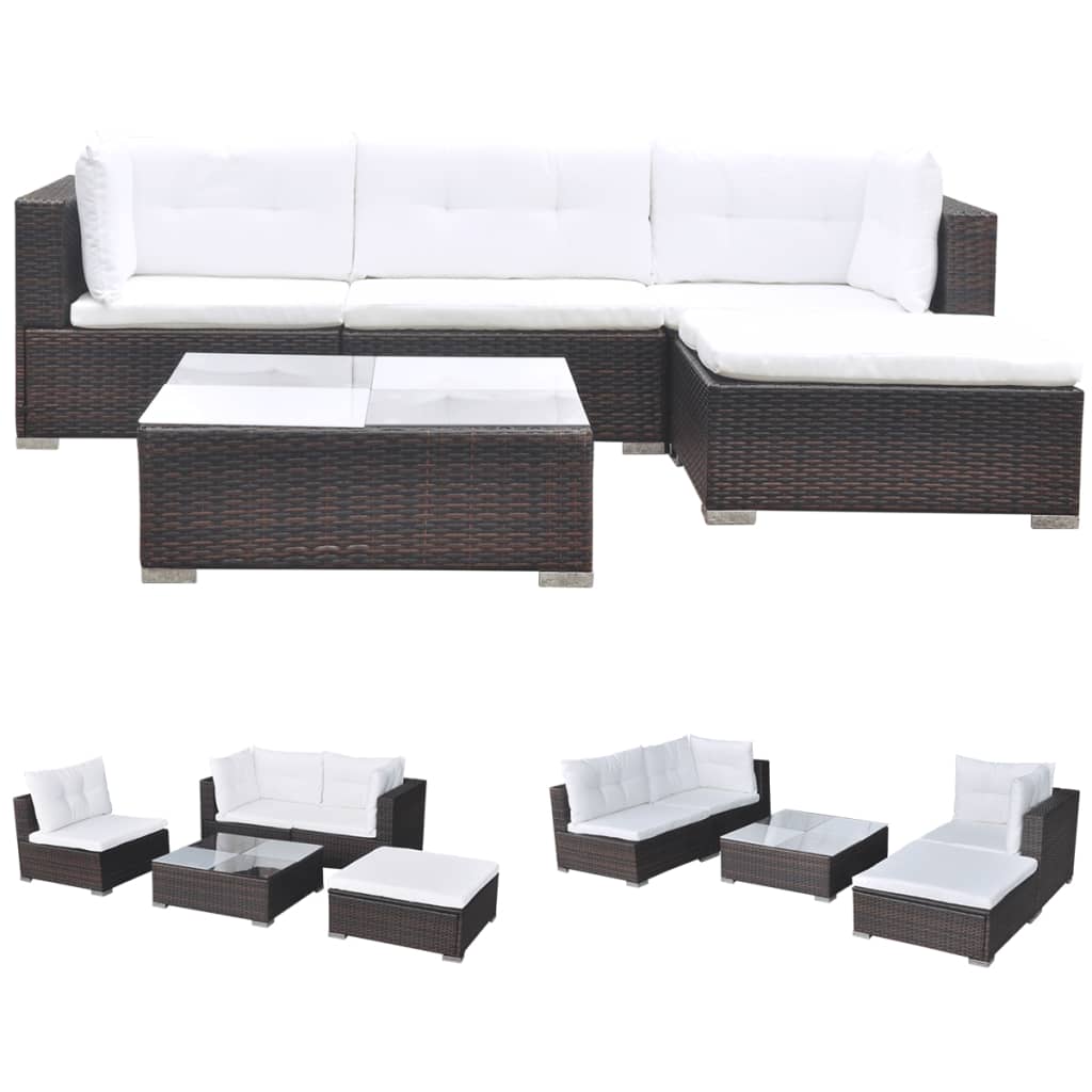 5 Piece Patio Lounge Set With Cushions Poly Rattan Brown