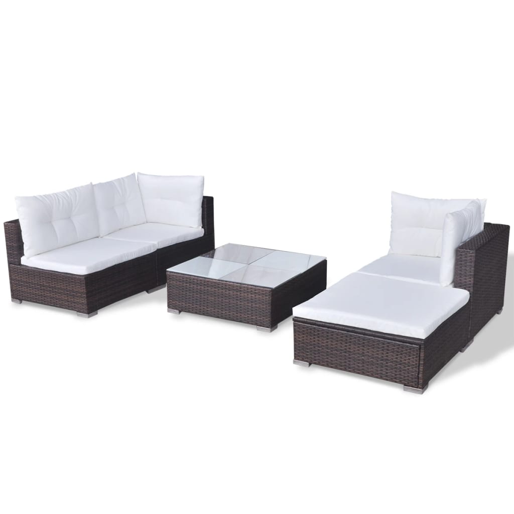 5 Piece Patio Lounge Set With Cushions Poly Rattan Brown