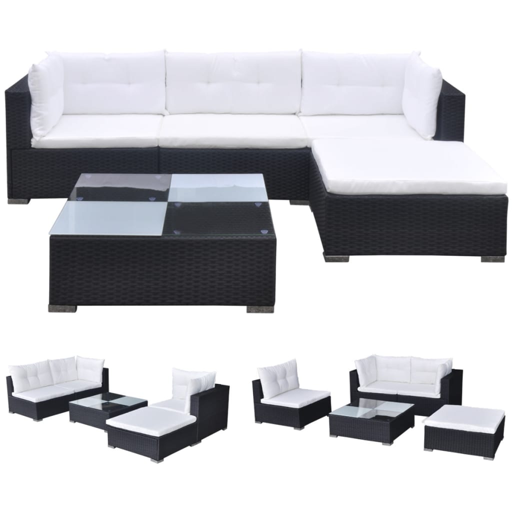 5 Piece Patio Lounge Set With Cushions Poly Rattan Black