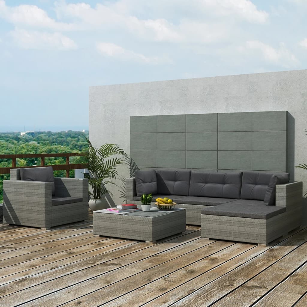 6 Piece Patio Lounge Set With Cushions Poly Rattan Gray