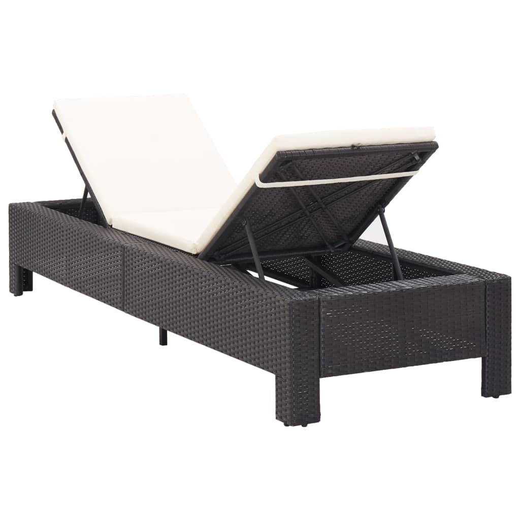 Sunbed With Cushion Black Poly Rattan