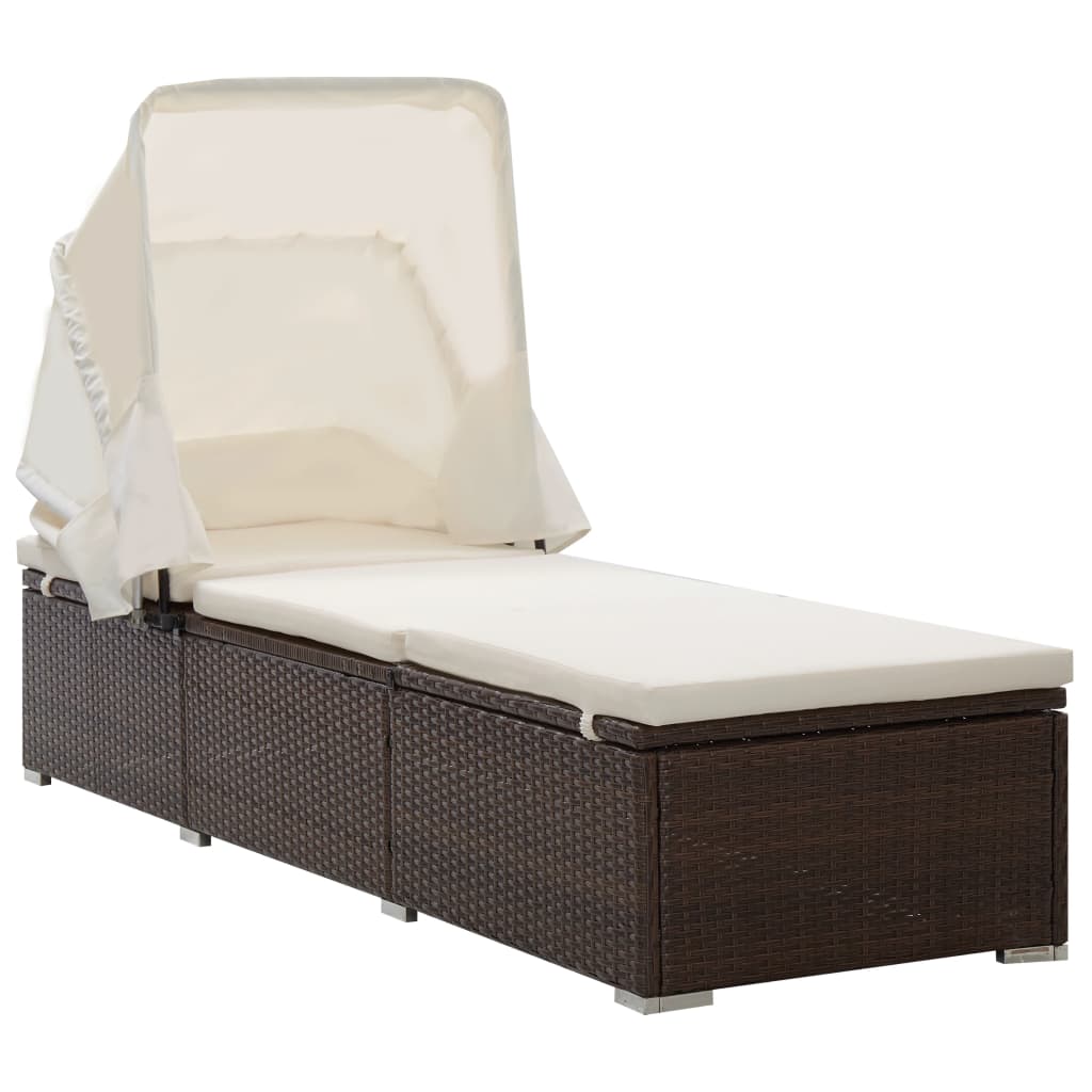 Sun Lounger With Canopy And Cushion Poly Rattan Cream White