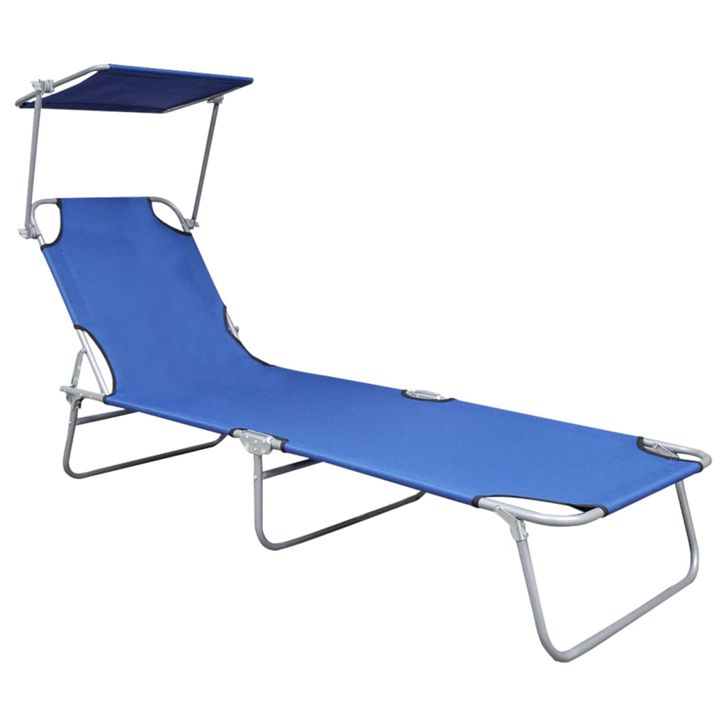 Folding Sun Lounger With Canopy Blue Aluminum