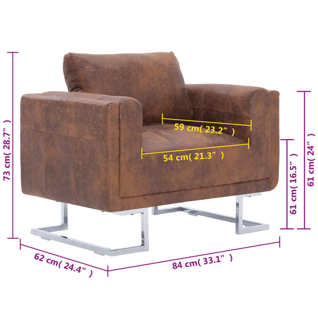 Cube Armchair Brown Faux Suede Leather