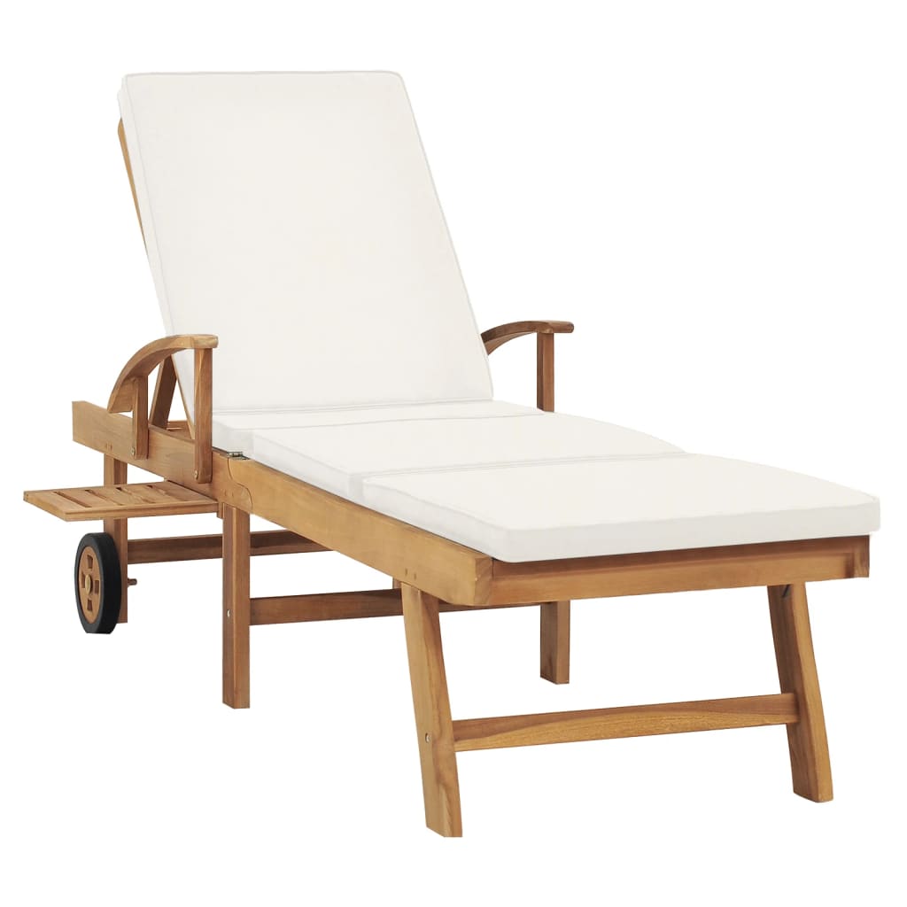 Sun Lounger With Cushion Solid Teak Wood