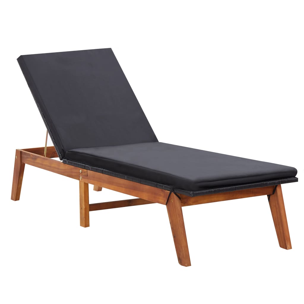 Sun Lounger With Cushion Poly Rattan And Solid Acacia Wood