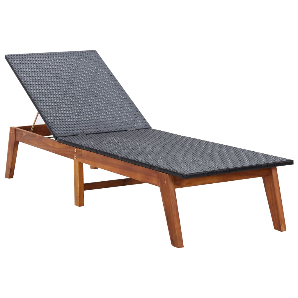 Sun Lounger With Cushion Poly Rattan And Solid Acacia Wood