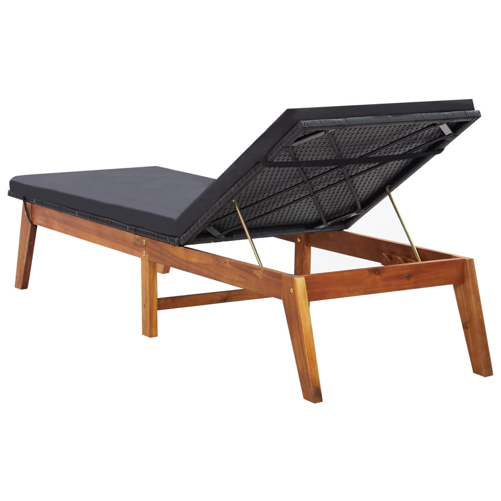 Sun Lounger With Cushion Poly Rattan And Solid Acacia Wood