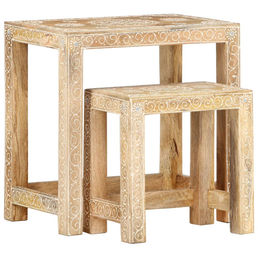 2 Piece Hand-Painted Side Table Set Solid Mango Wood