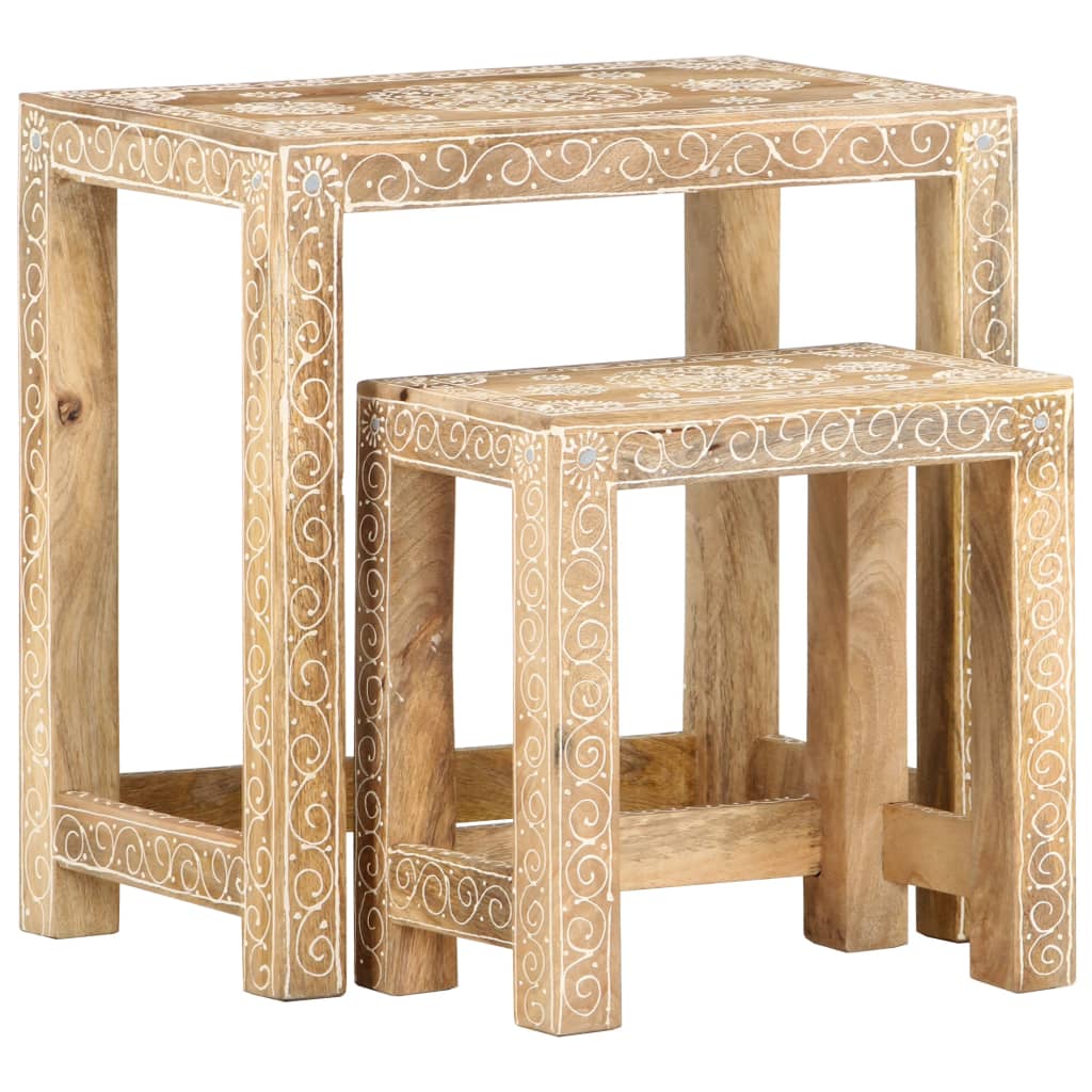 2 Piece Hand-Painted Side Table Set Solid Mango Wood