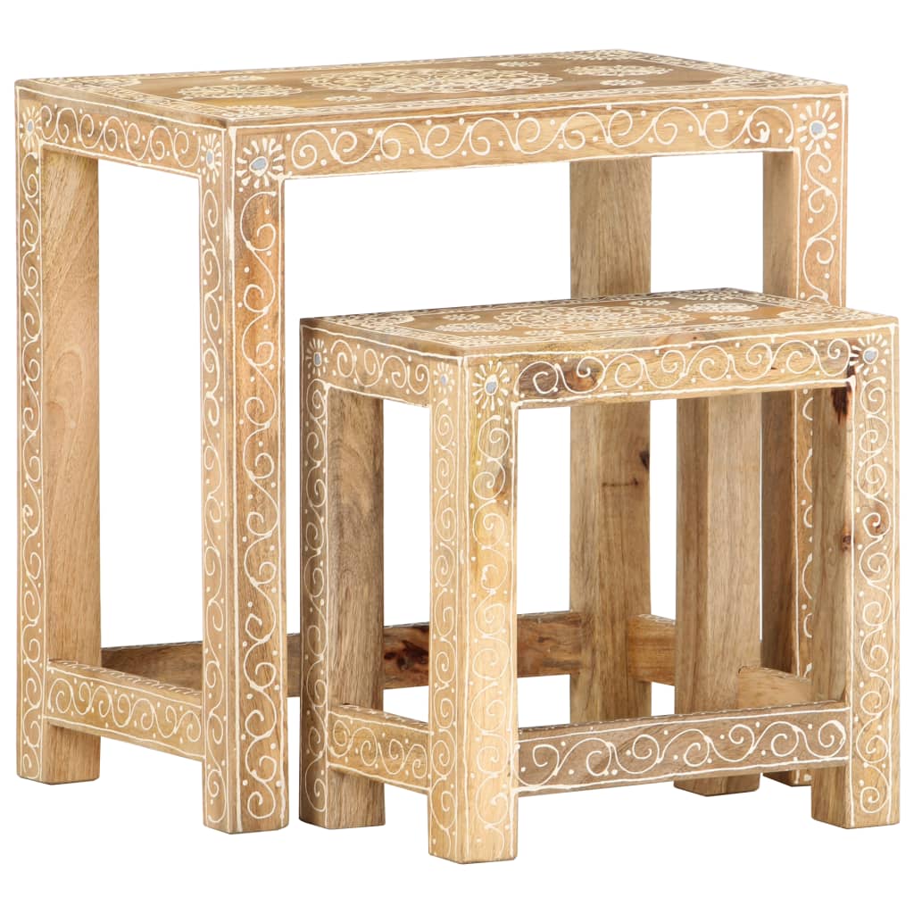 2 Piece Hand-Painted Side Table Set Solid Mango Wood