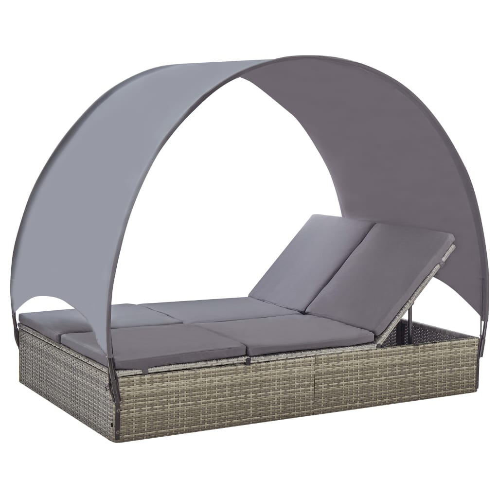 Double Sun Lounger With Canopy Poly Rattan