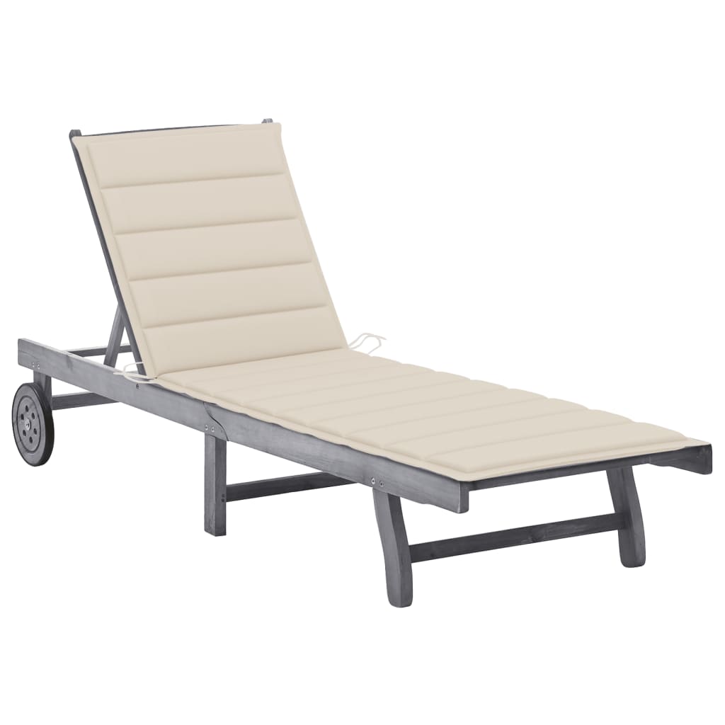 Patio Sun Lounger With Cushion Gray Solid Wood Acacia