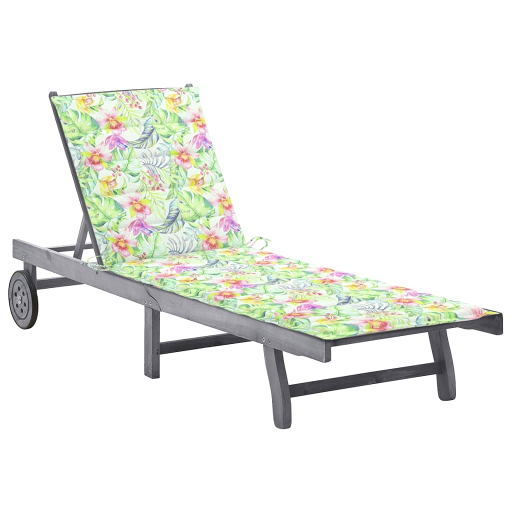 Patio Sun Lounger With Cushion Gray Solid Wood Acacia