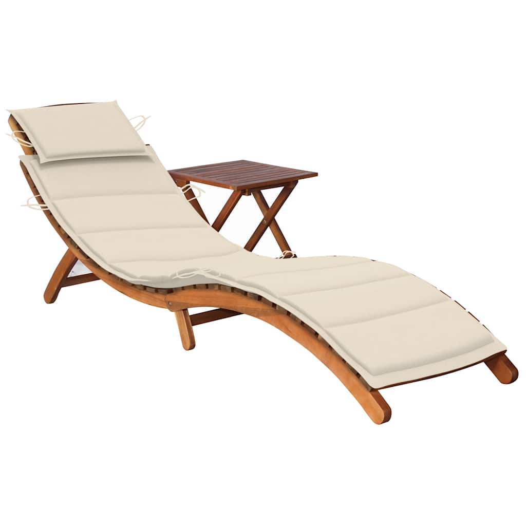 Patio Sun Lounger With Cushion Solid Acacia Wood