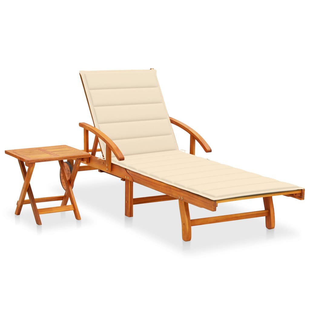 Patio Sun Lounger With Table And Cushion Solid Wood Acacia