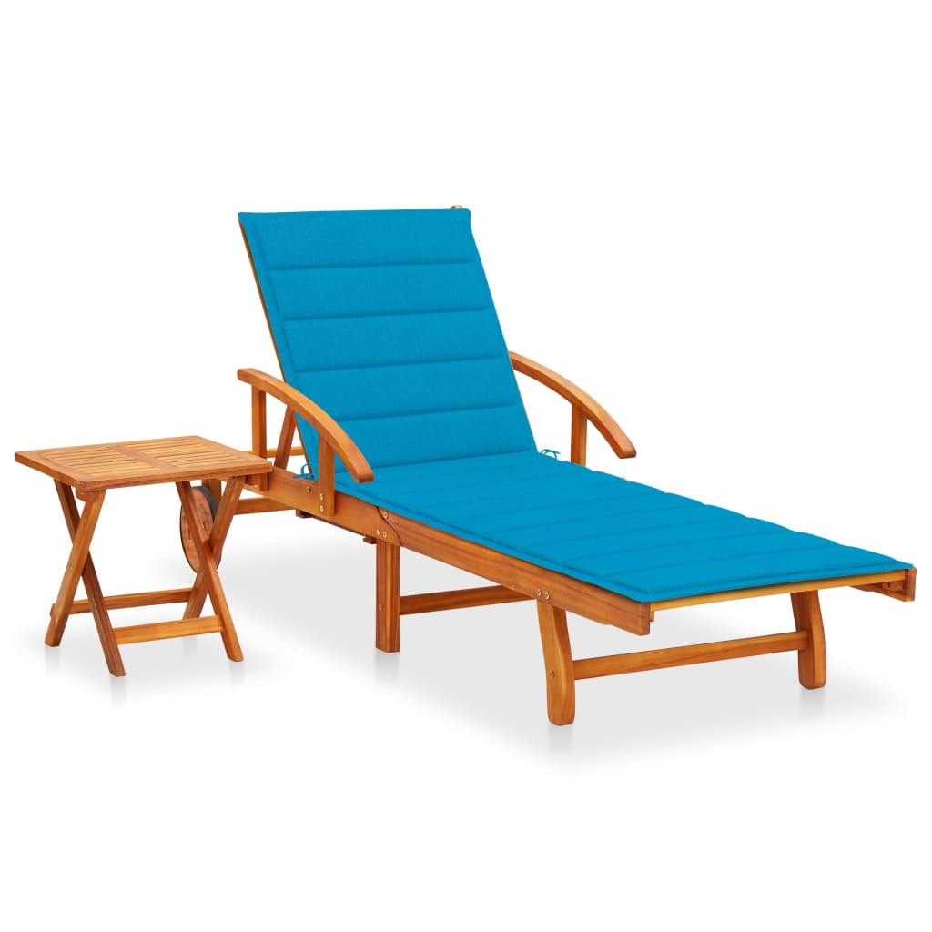 Patio Sun Lounger With Table And Cushion Solid Wood Acacia