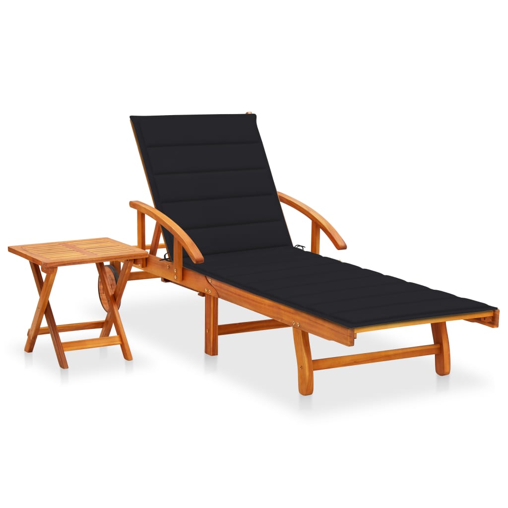 Patio Sun Lounger With Table And Cushion Solid Wood Acacia