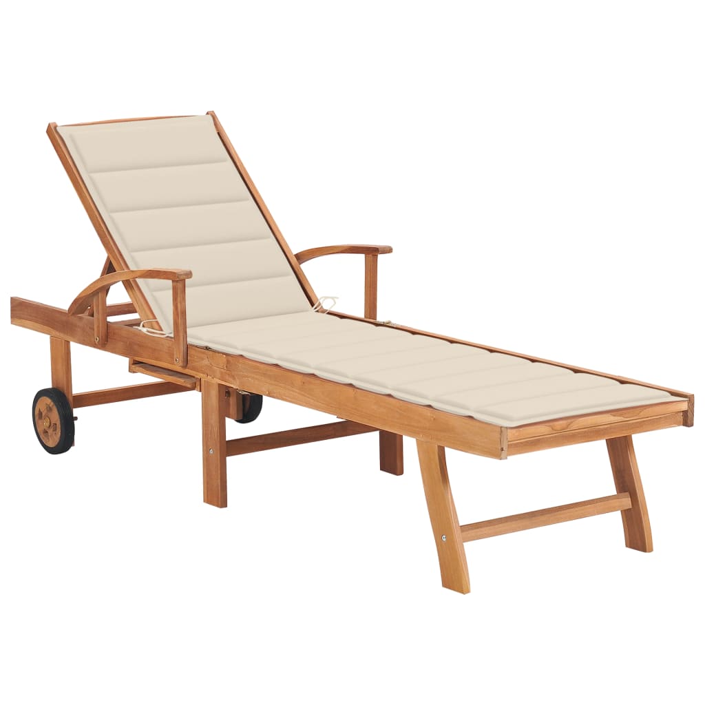 Sun Lounger With Cushion Solid Teak Wood