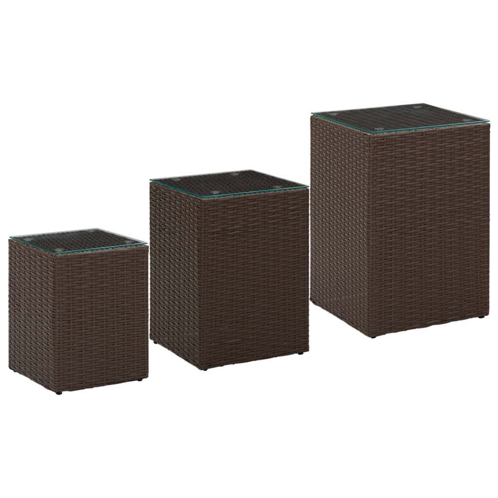 Side Tables 3 Pcs With Glass Top Poly Rattan