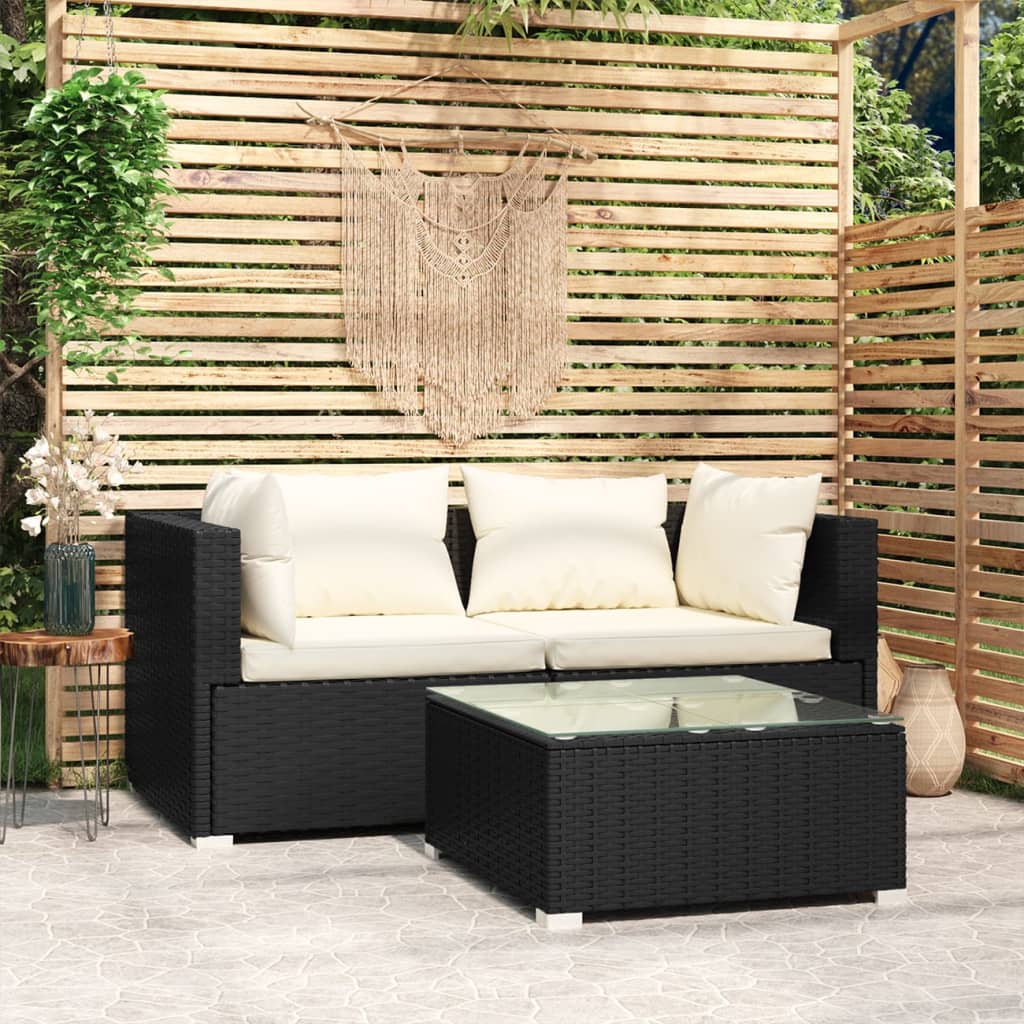 Patio Furniture Set 3 Piece With Cushions Black Poly Rattan