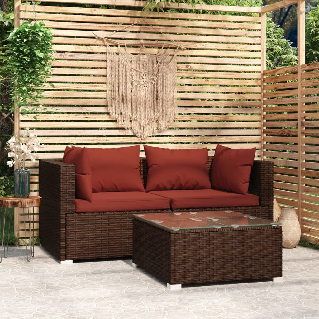 Patio Furniture Set 3 Piece With Cushions Brown Poly Rattan