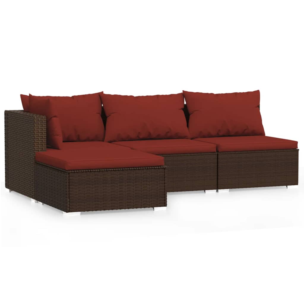 4 Piece Patio Lounge Set With Cushions Brown Poly Rattan