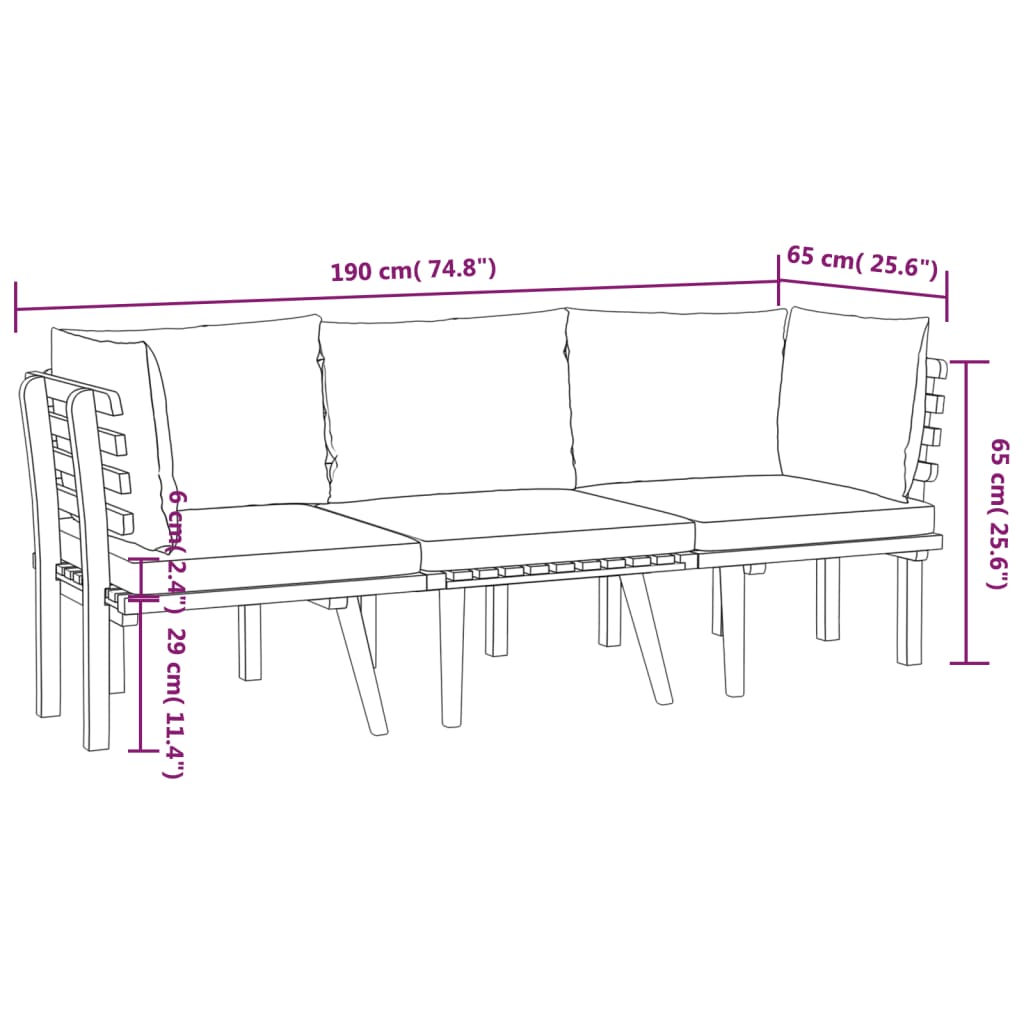 3 Piece Patio Lounge Set With Cushions Solid Acacia Wood