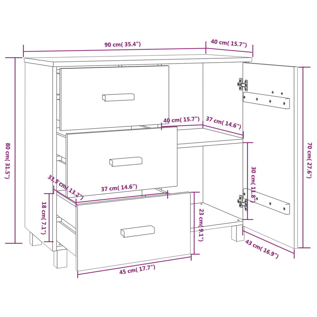 Sideboard Hamar 35.4&quot;X15.7&quot;X31.5&quot; Solid Pinewood