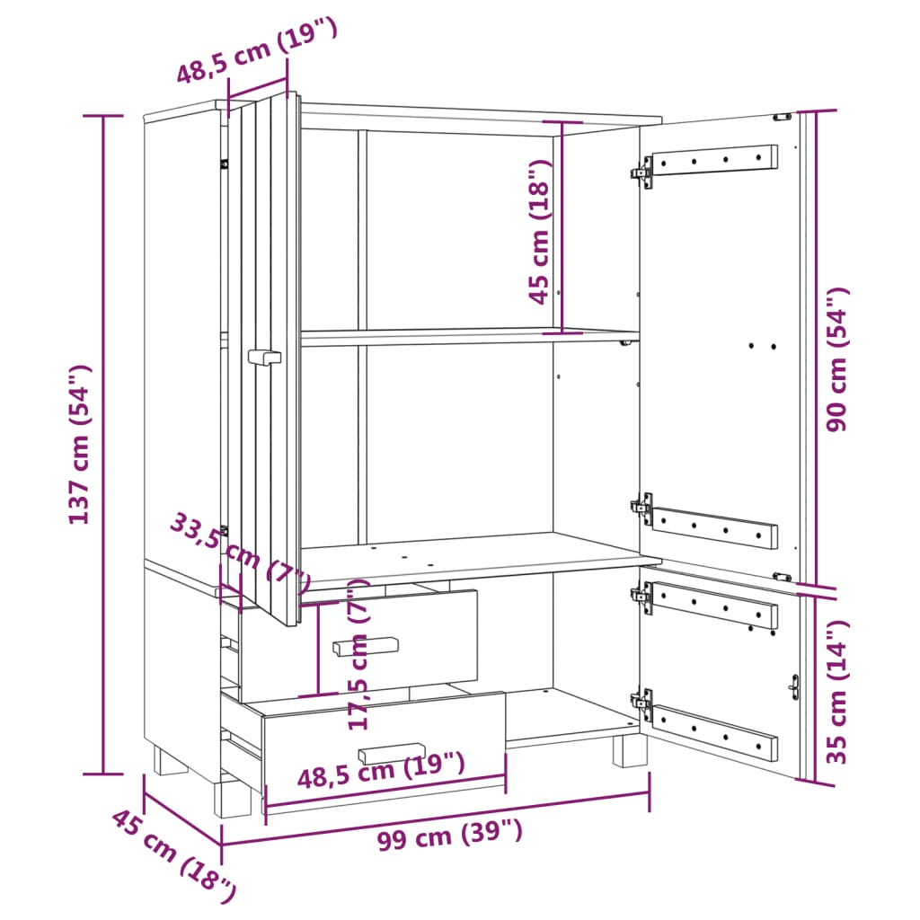 Wardrobe Hamar 39&quot;X17.7&quot;X53.9&quot; Solid Wood Pine