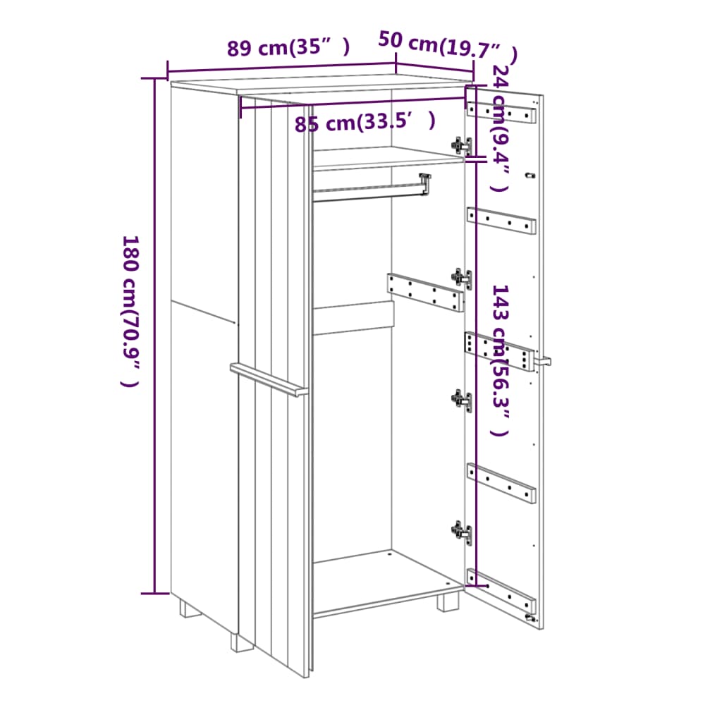 Wardrobe Hamar 35&quot;X19.7&quot;X70.9&quot; Solid Wood Pine