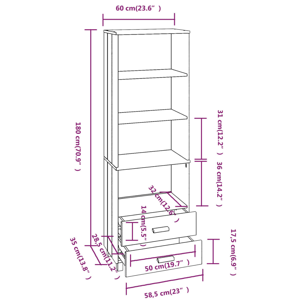 Highboard Hamar 23.6&quot;X13.8&quot;X70.9&quot; Solid Wood Pine