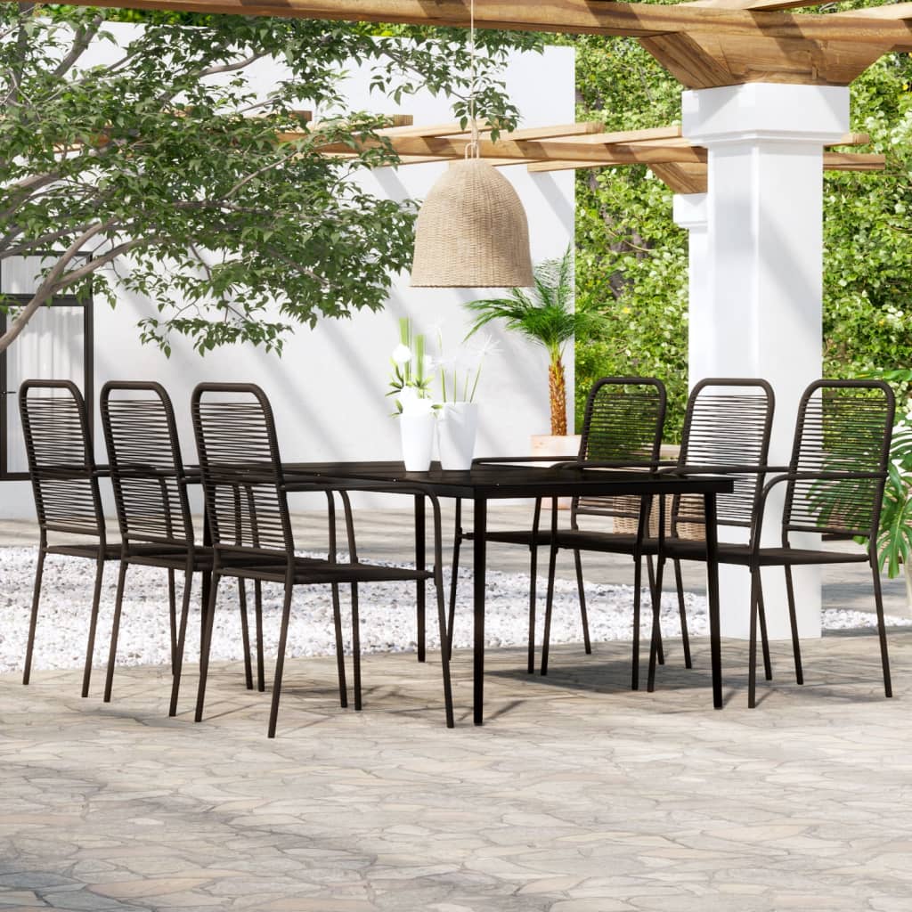 7 Piece Patio Dining Set Black Cotton Rope And Steel