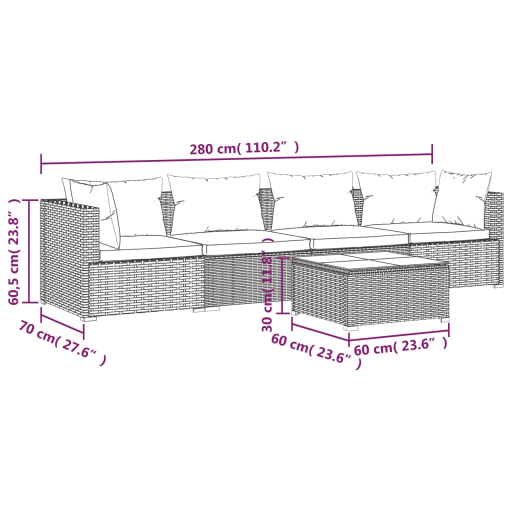 Patio Furniture Set 5 Piece With Cushions Poly Rattan Brown