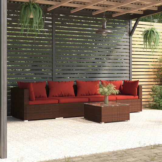 Patio Furniture Set 5 Piece With Cushions Poly Rattan Brown