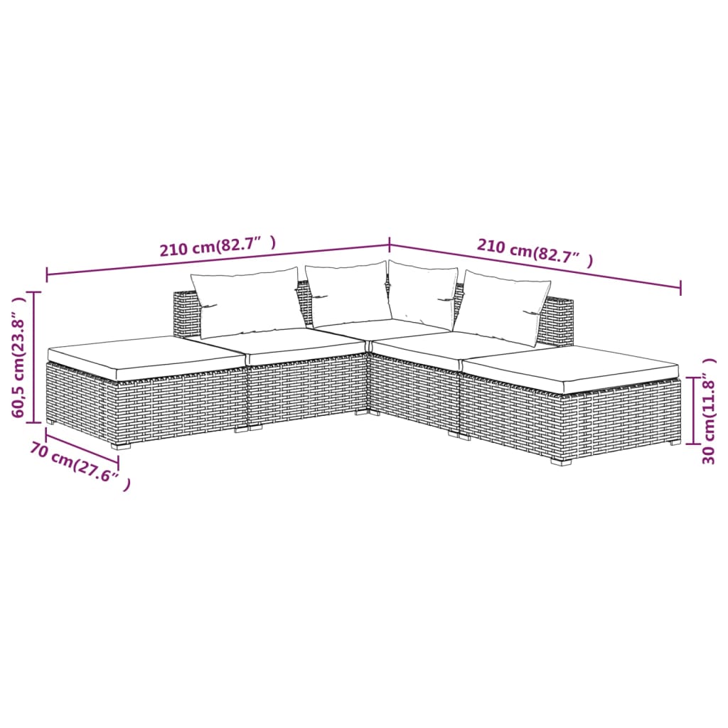 5 Piece Garden Lounge Set With Cushions Poly Rattan Gray