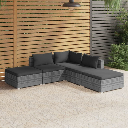 5 Piece Garden Lounge Set With Cushions Poly Rattan Gray