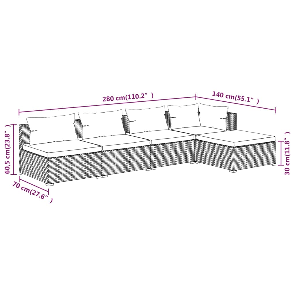 5 Piece Patio Lounge Set With Cushions Poly Rattan Brown