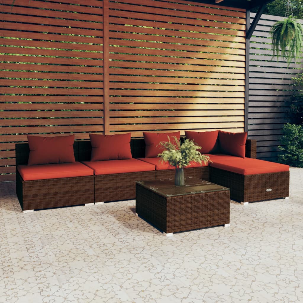 6 Piece Patio Lounge Set With Cushions Poly Rattan Brown