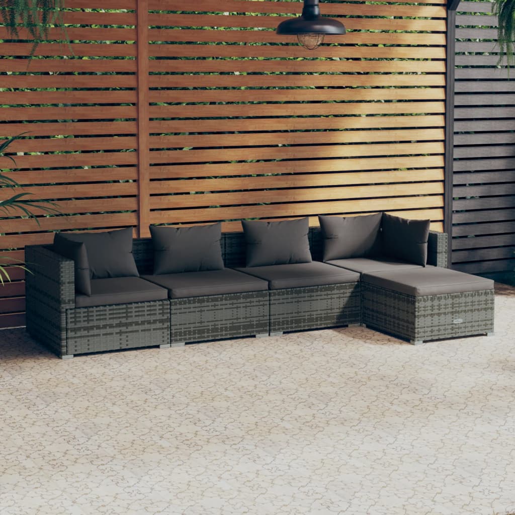 5 Piece Patio Lounge Set With Cushions Poly Rattan Gray