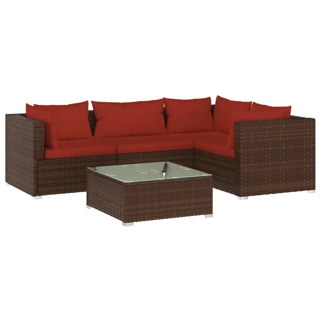 5 Piece Patio Lounge Set With Cushions Poly Rattan Brown