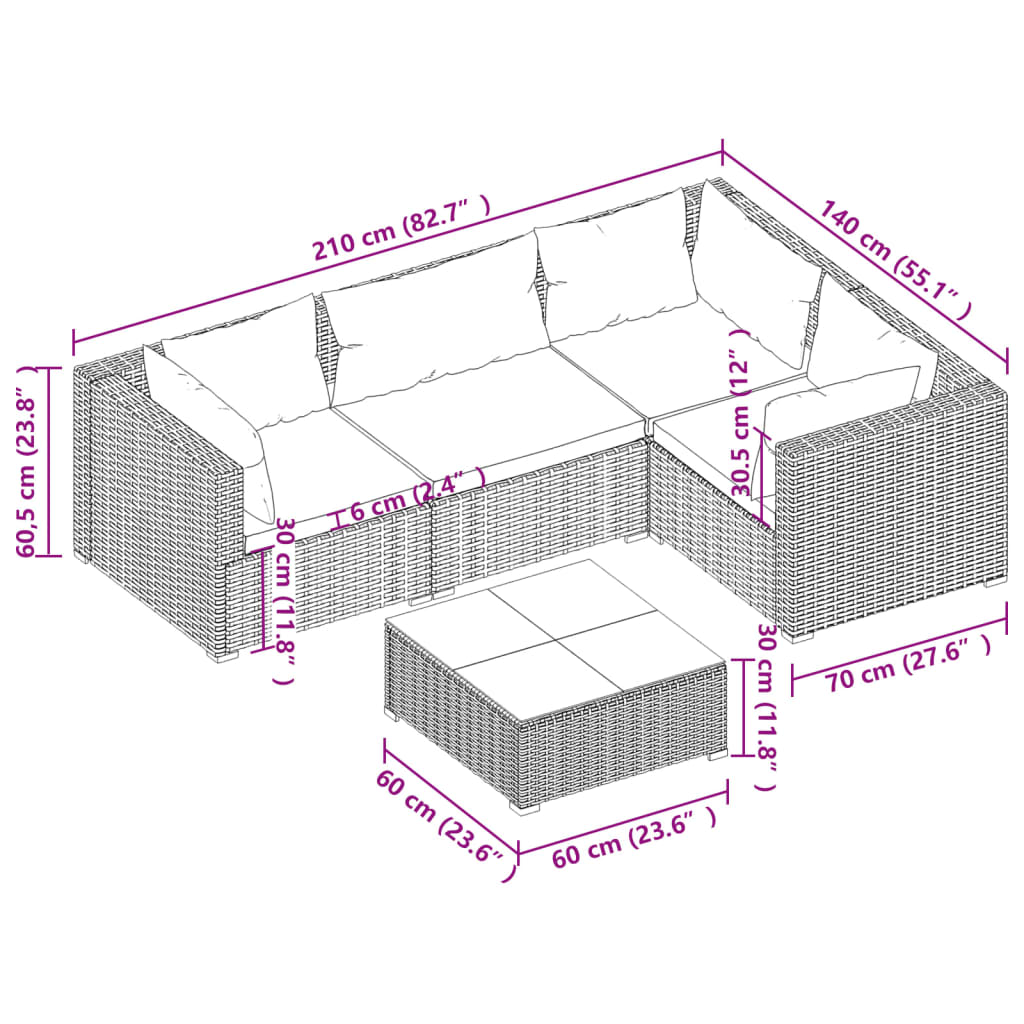 5 Piece Patio Lounge Set With Cushions Poly Rattan Brown