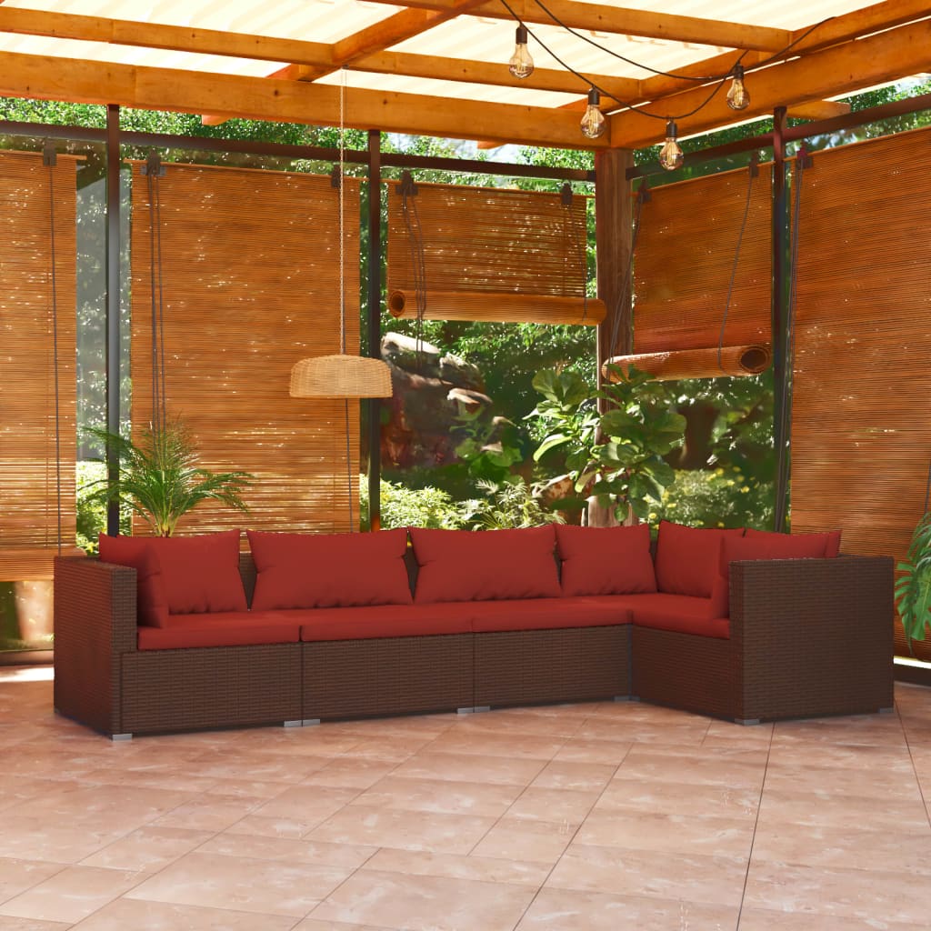 5 Piece Patio Lounge Set With Cushions Poly Rattan Brown