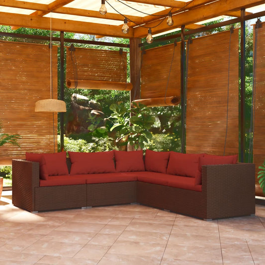 5 Piece Patio Lounge Set With Cushions Poly Rattan Brown